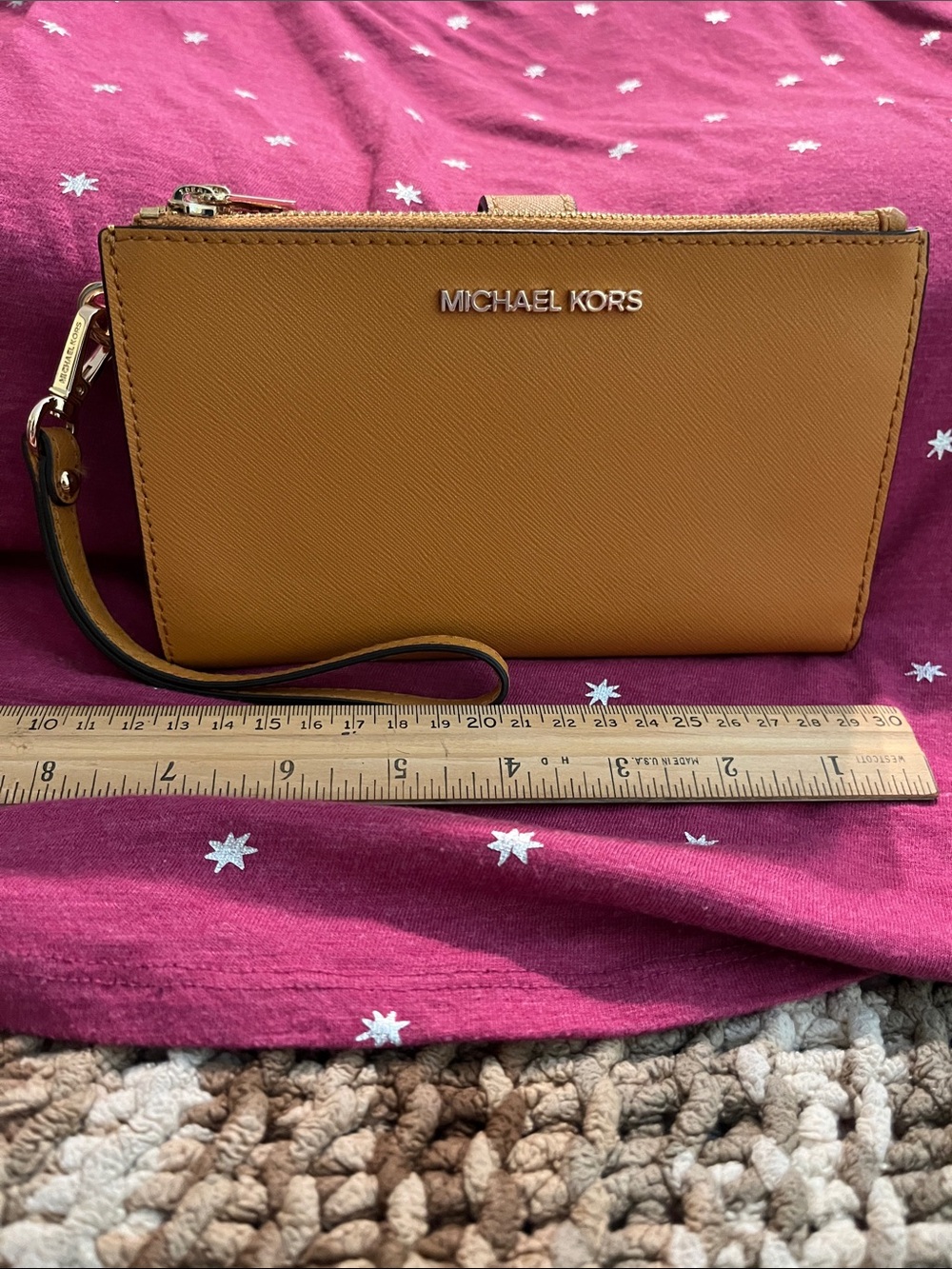 EUC Michael Kors Mustard Double Zipper Saffiano Wristlet Wallet removable strap